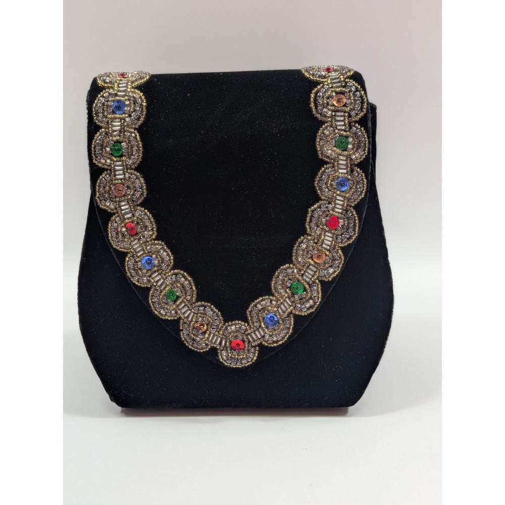 Vintage Style Black Velvet Beaded Crossbody Evening Bag Jeweled Gemstone Clutch - Picture 2 of 16